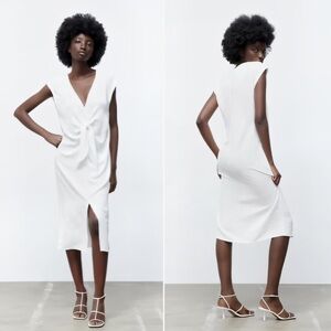 Zara White Fluid Knotted Midi Dress Sz M